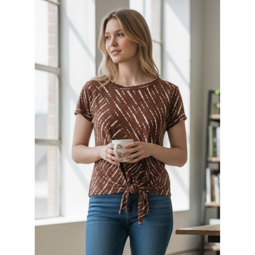 Bobeau XS Tie Front Top Mocha Ivory Stripe Dye Short Sleeve Tee Shirt NWT